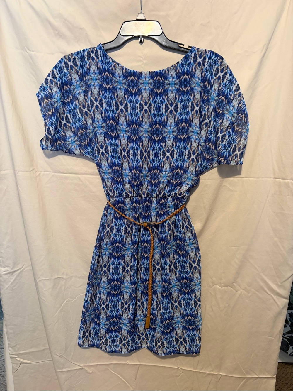 Blue Patterned Midi Dress with Braided Belt